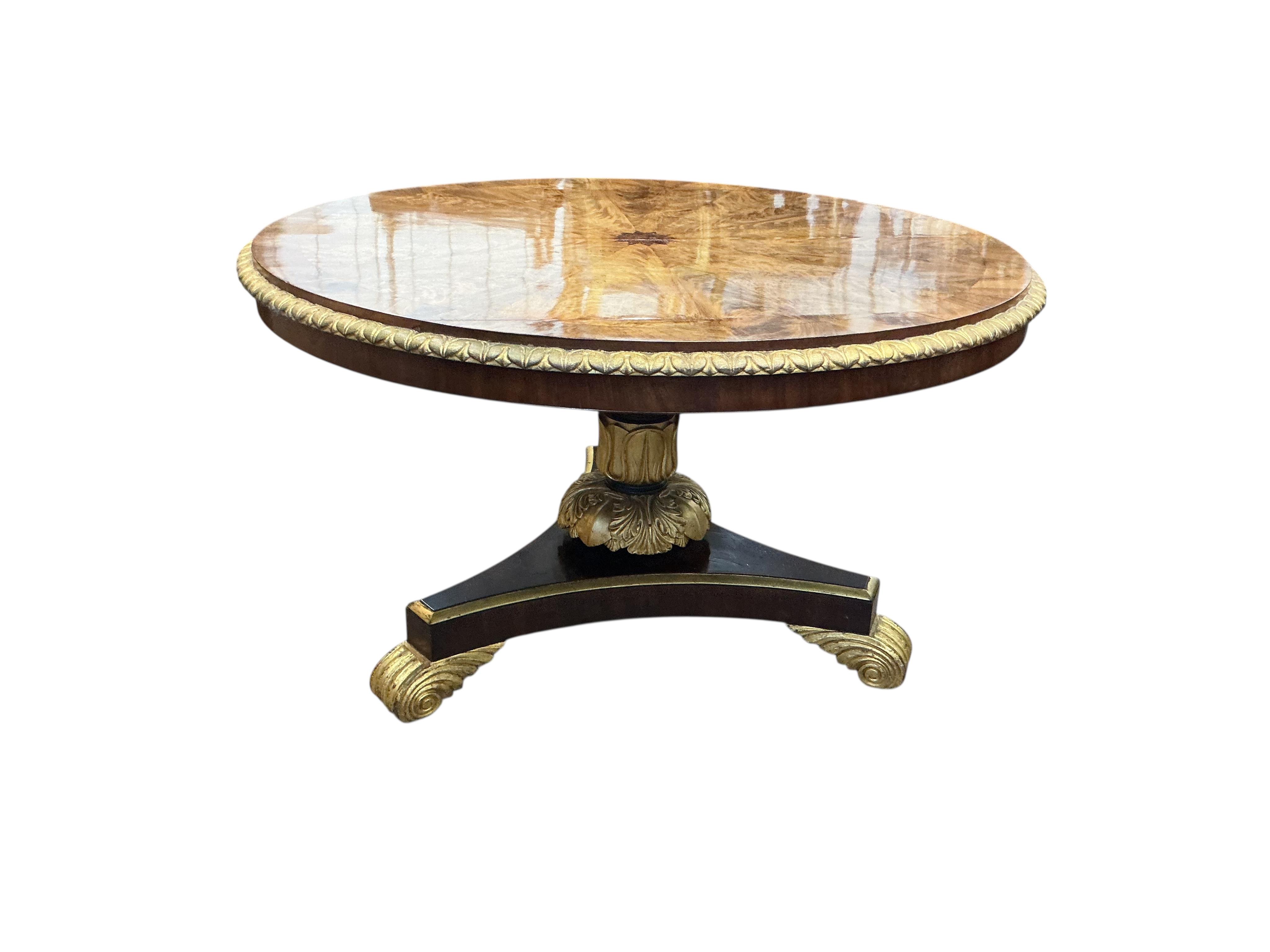 A William IV and later segmental mahogany veneer, parcel gilt circular tilt top breakfast table, diameter 120cm, height 72cm and a harlequin set of six later painted balloon back chairs